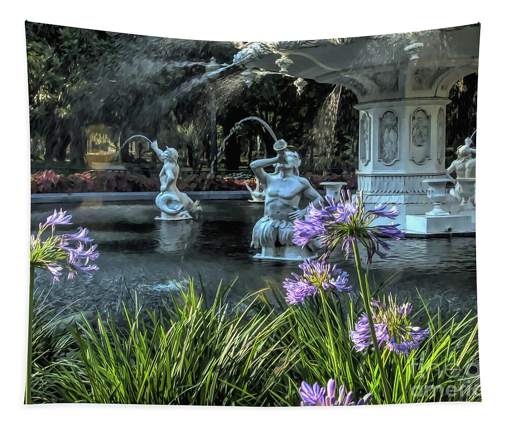 Forsyth Tapestry featuring the photograph Painted Flowers at Forsyth Park Fountain by Amy Dundon