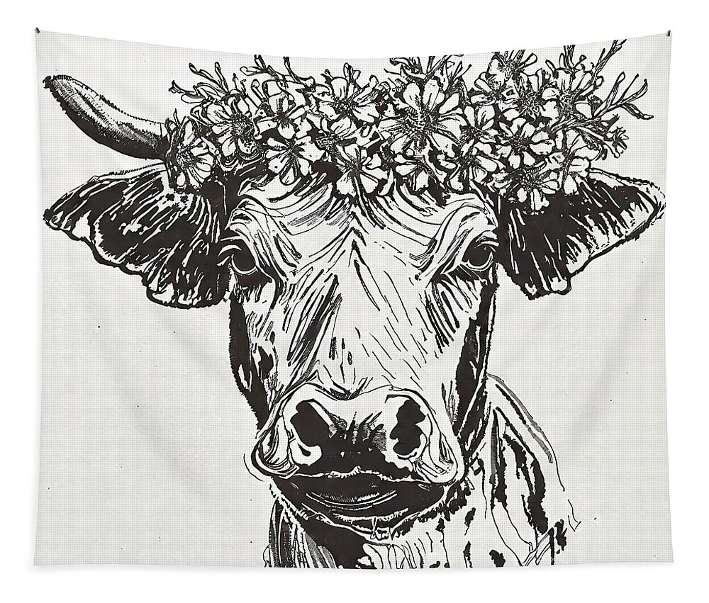 Illustration Tapestry featuring the painting Painting Cow illustration animal drawing domestic by N Akkash