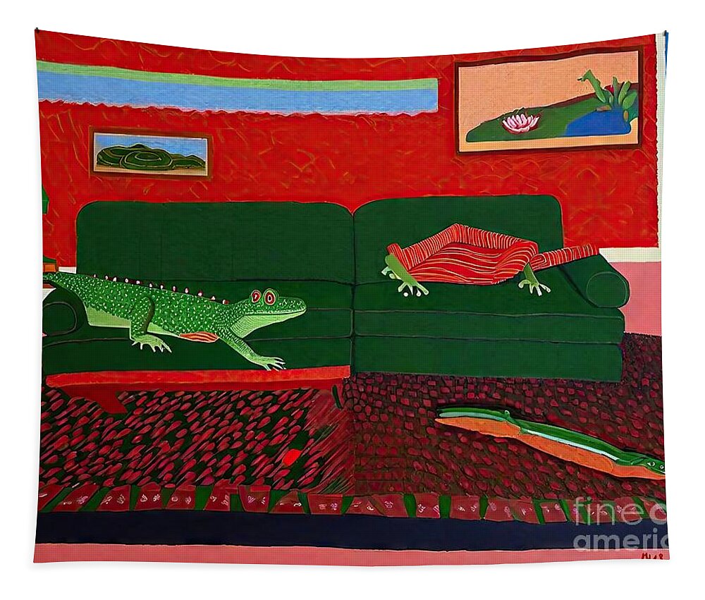 Colorful Tapestry featuring the painting Painting Crocodile Couch colorful art background by N Akkash