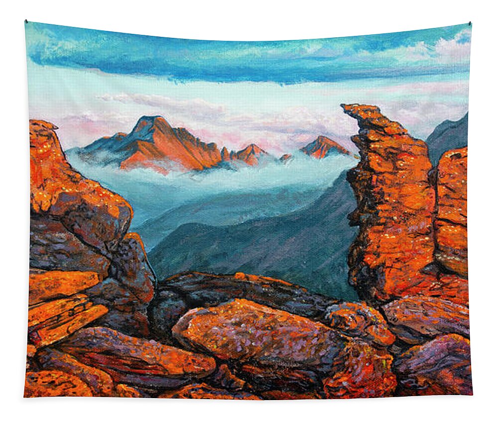 Rocky Mountain National Park Tapestry featuring the painting Painting - Longs Peak and Rock Cut Sunset by Aaron Spong