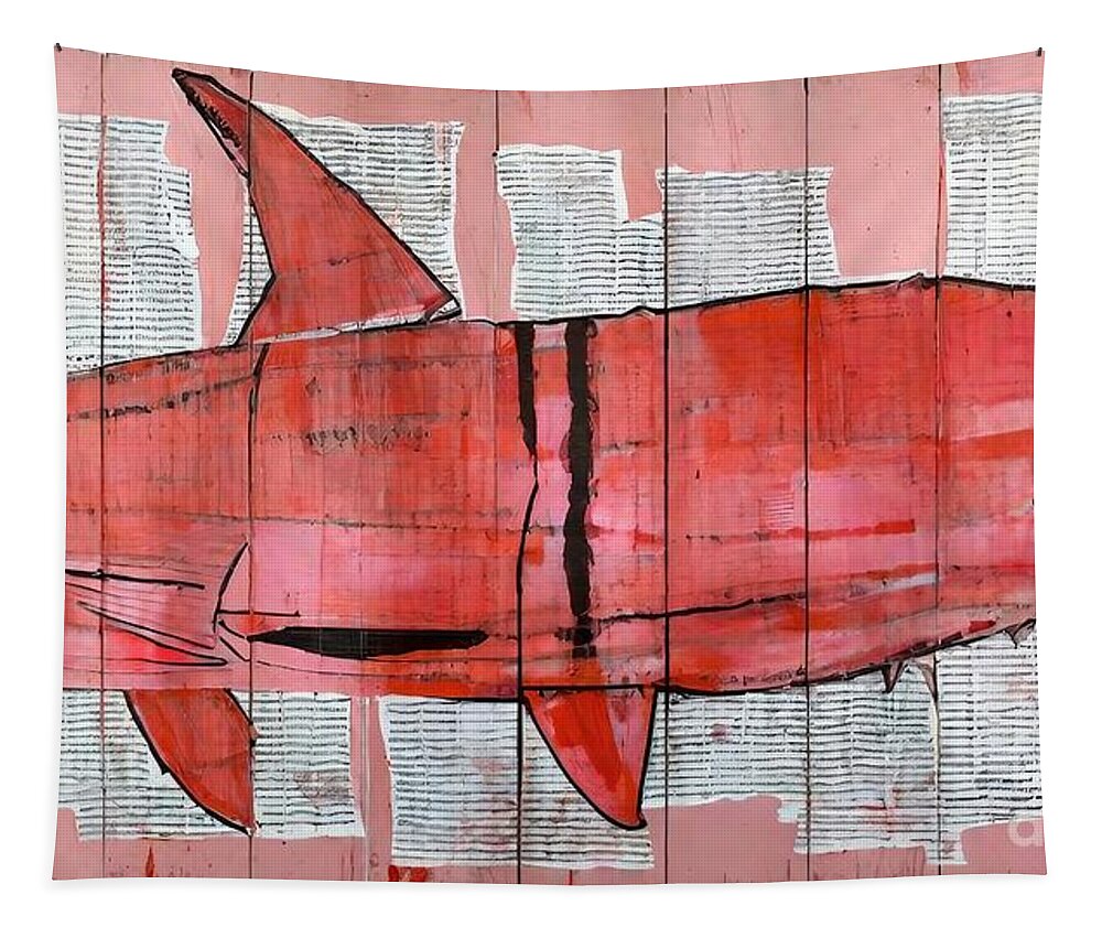 Paint Tapestry featuring the painting Painting Red Shark Triptych paint art background by N Akkash