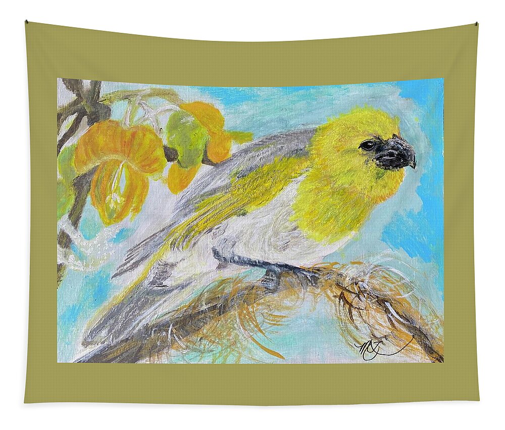 Palila Tapestry featuring the painting Palila in the Mamane Tree by Melody Fowler