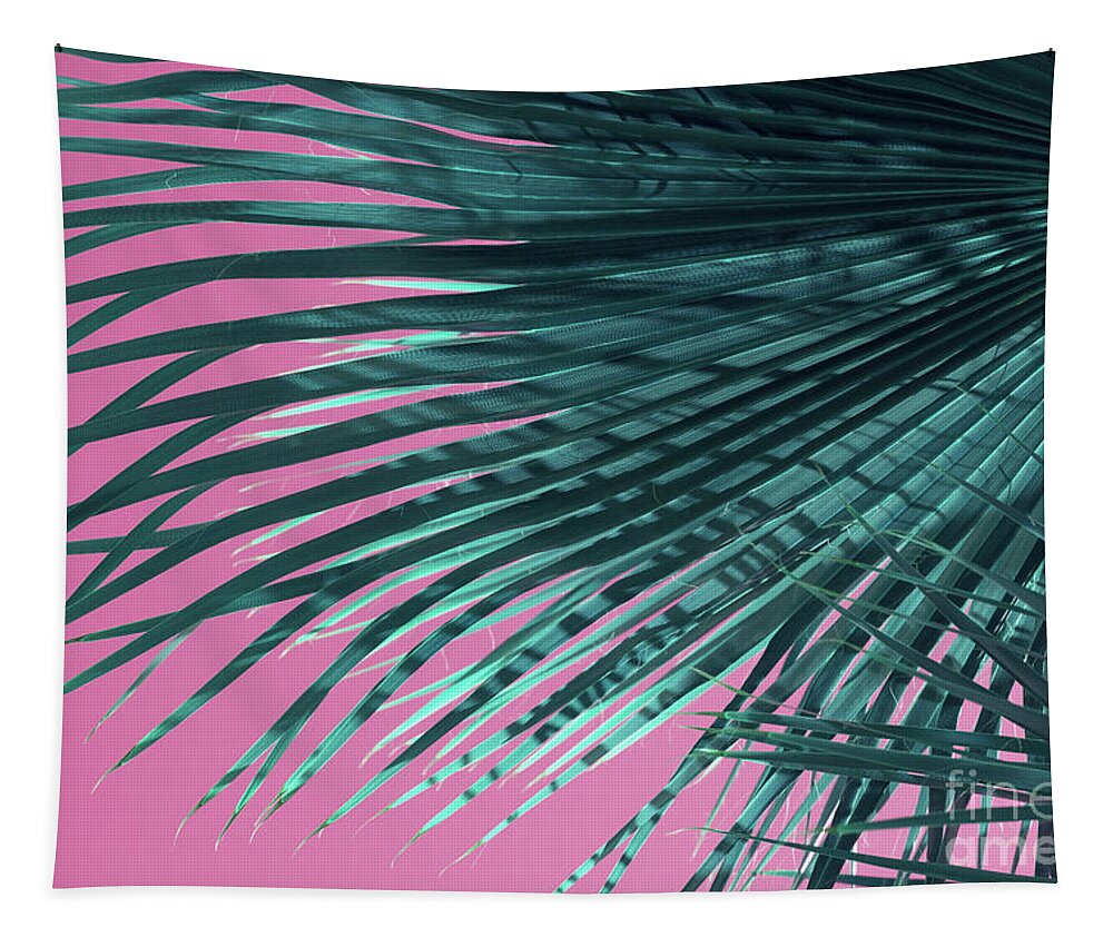 Palm Leaf Tapestry featuring the photograph Palm frond and pink sky, summer on the beach by Adriana Mueller
