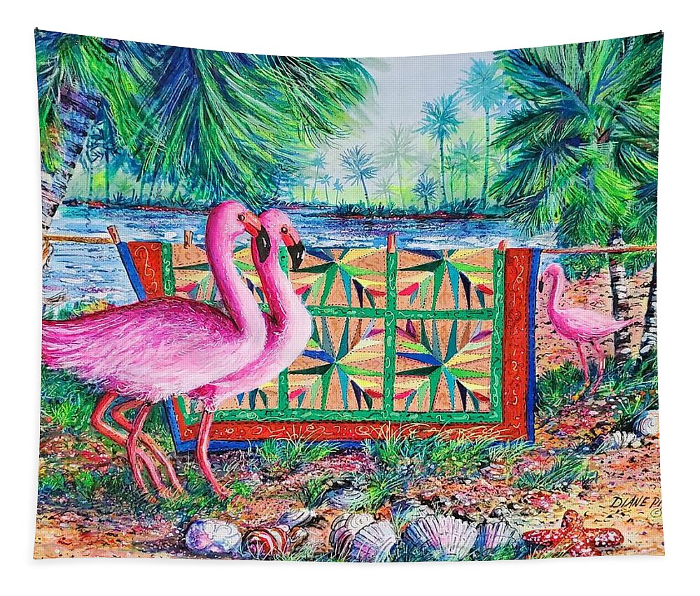 Palm Quilt Tapestry featuring the painting Palm Quilt Flamingos by Diane Phalen