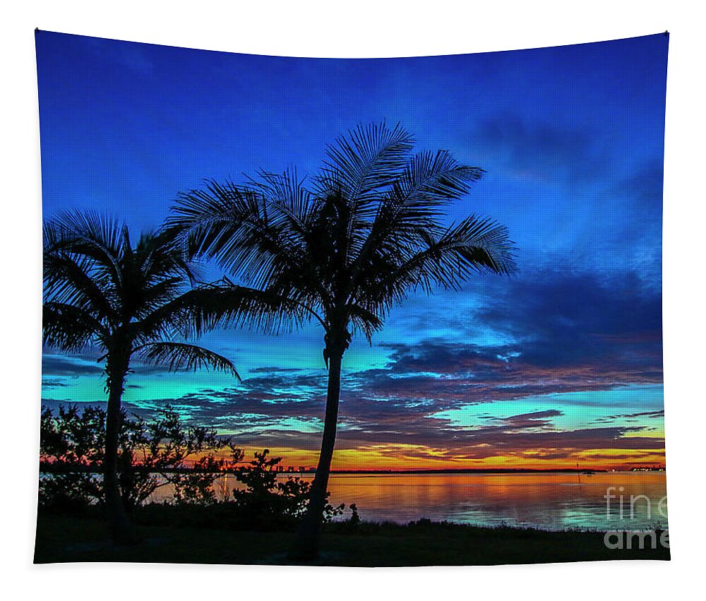 Sun Tapestry featuring the photograph Palm Silhouette at Harbor Point by Tom Claud