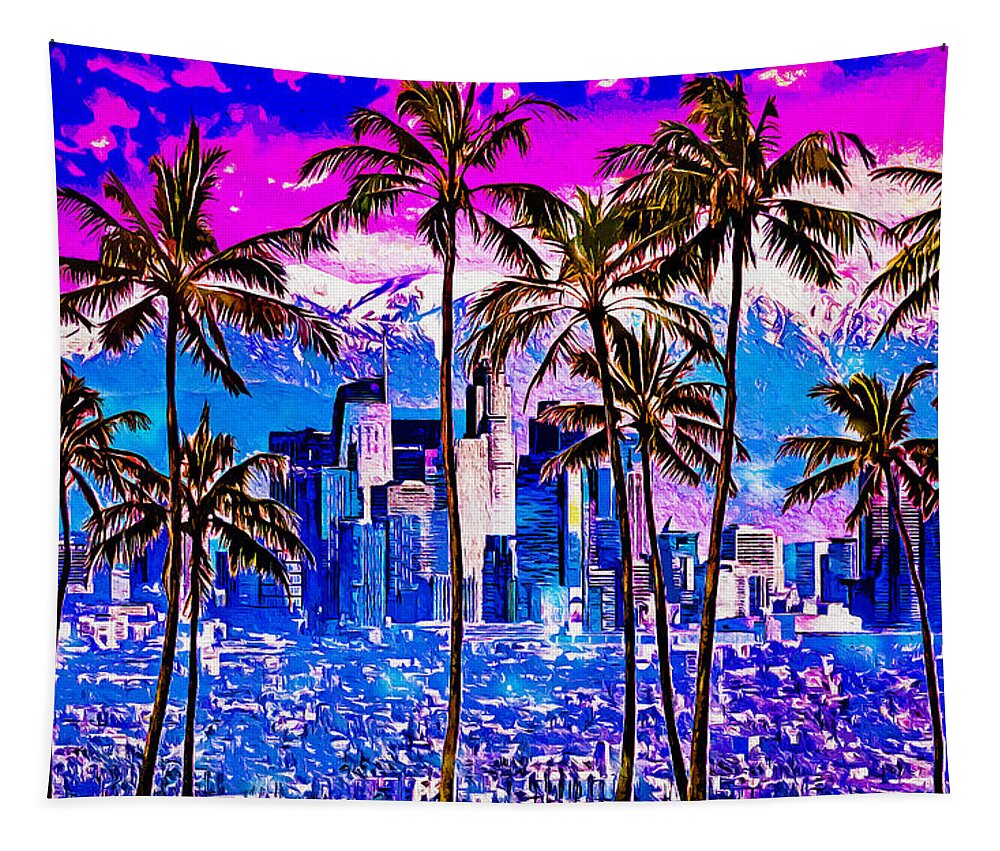 Los Angeles Tapestry featuring the digital art Palm trees in front of Los Angeles skyline at sunset - digital painting by Nicko Prints