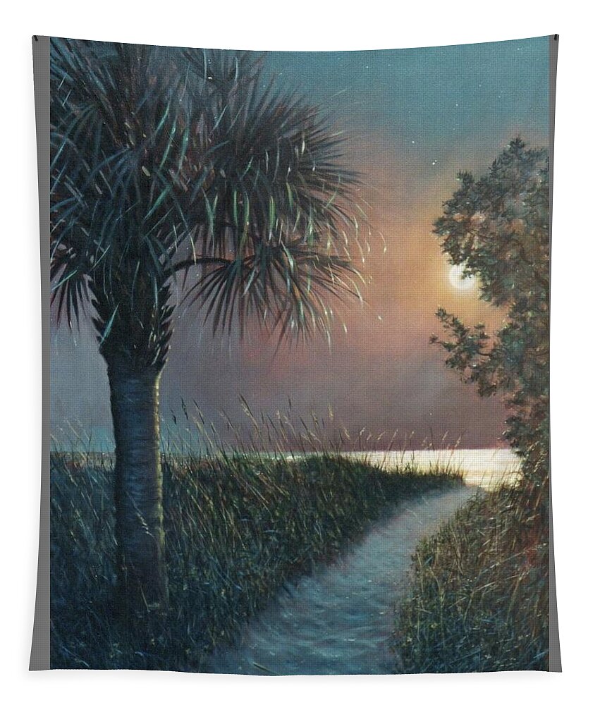 Palmetto Tapestry featuring the painting Palmetto Moon with Path by Blue Sky