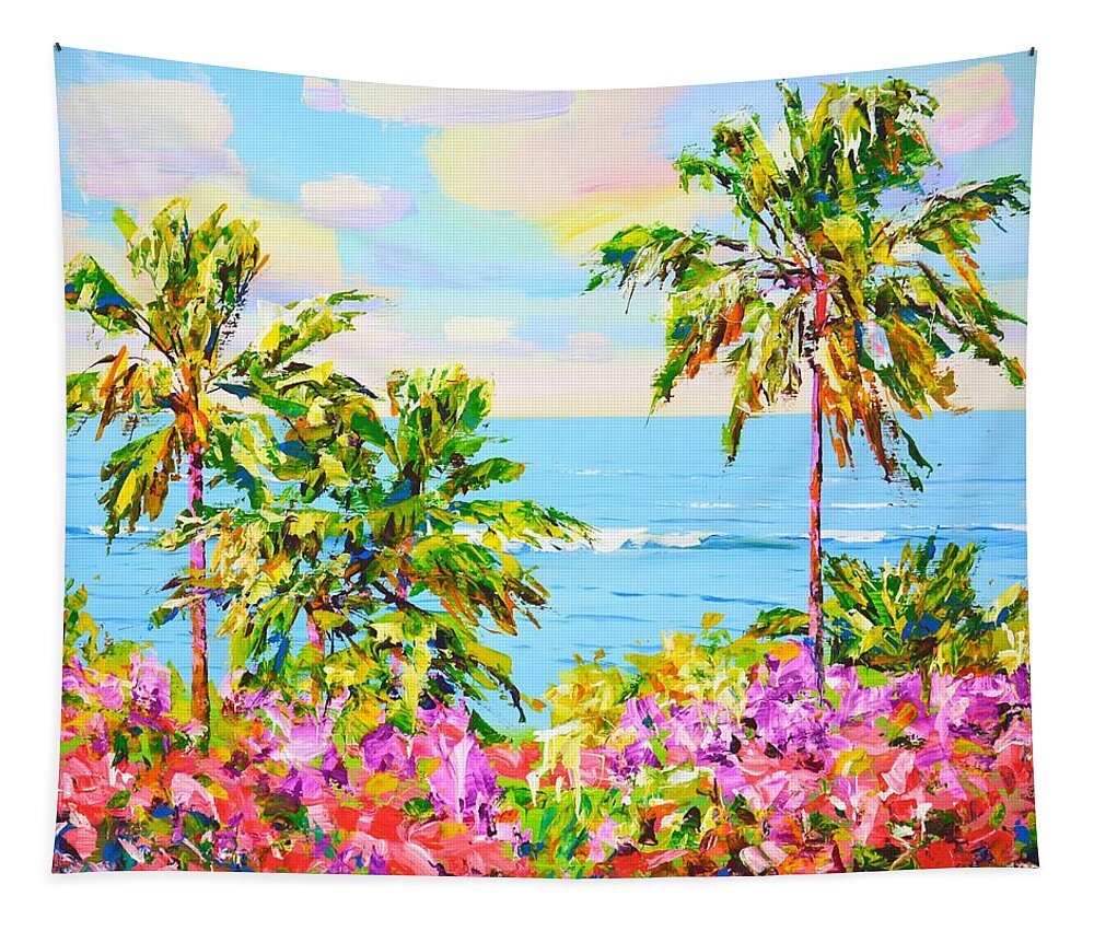 Ocean Tapestry featuring the painting 	Palms. Ocean. Flowers. by Iryna Kastsova