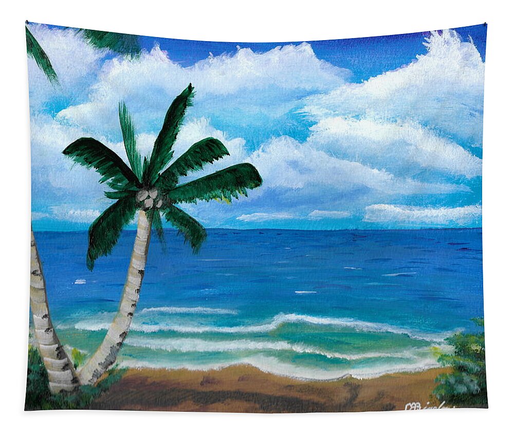 Palm Tapestry featuring the painting Palms on beach by David Bigelow