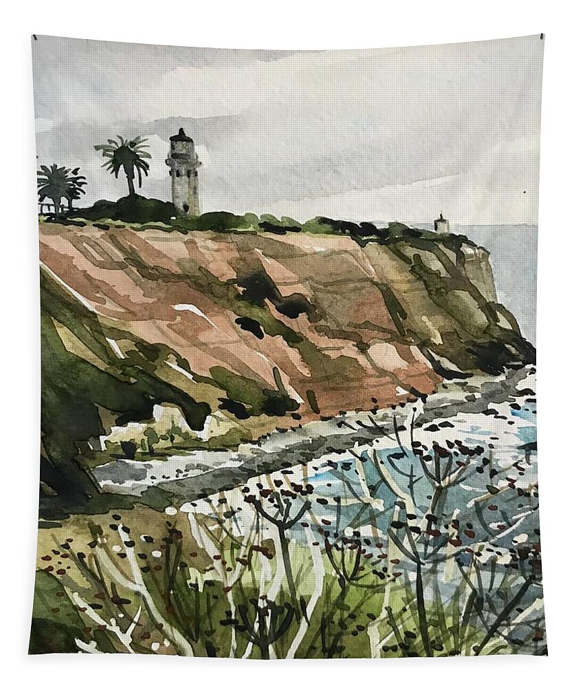 Paloverdes Tapestry featuring the painting Palos Verdes Lighthouse by Luisa Millicent