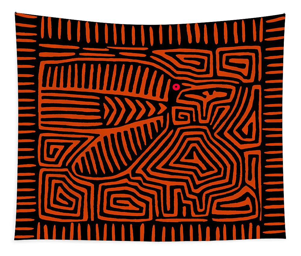 Kuna Indian Tapestry featuring the digital art Panama Kuna Indian Pajaro Mola - Orange by Vagabond Folk Art - Virginia Vivier
