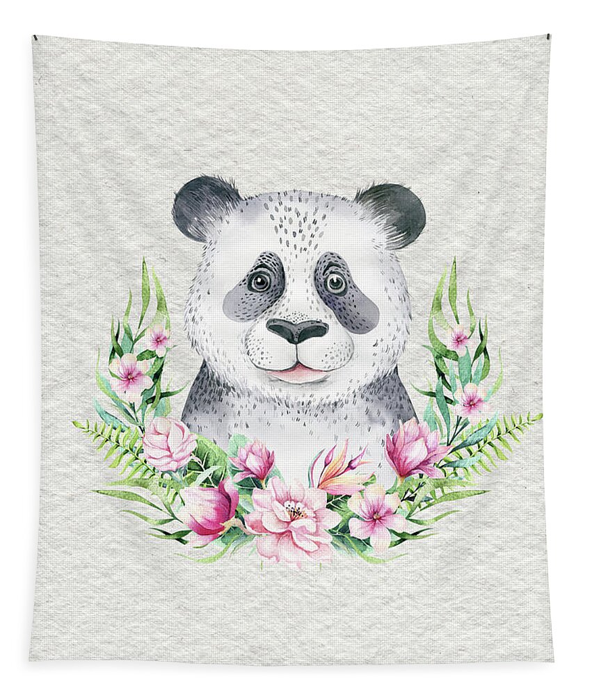 Panda Tapestry featuring the painting Panda Bear With Flowers by Nursery Art