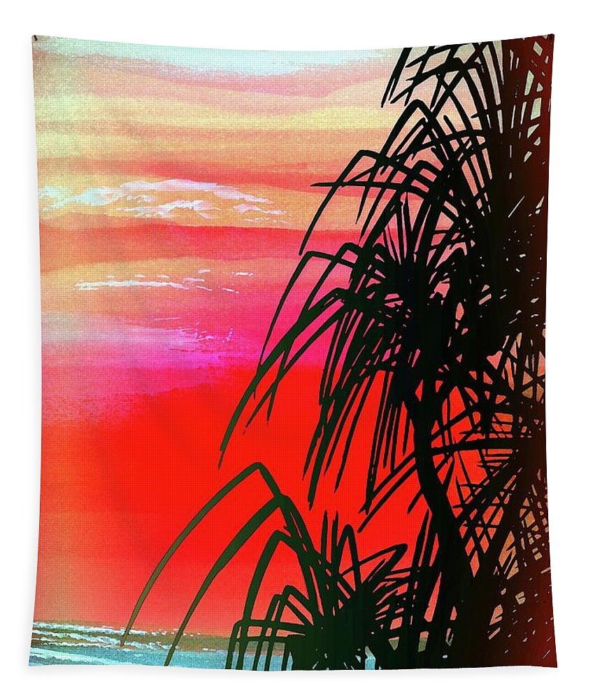 Pandanus Palm Sunset Tapestry featuring the painting Pandanus Palm Sunset by Simon Read