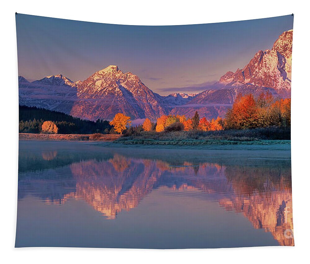 Dave Welling Tapestry featuring the photograph Panorama Dawn Autumn Tetons Oxbow Bend Grand Tetons National Park by Dave Welling