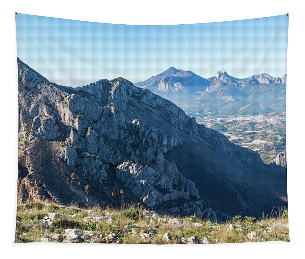 Mountains Tapestry featuring the photograph Panorama of a blue mountain landscape by Adriana Mueller