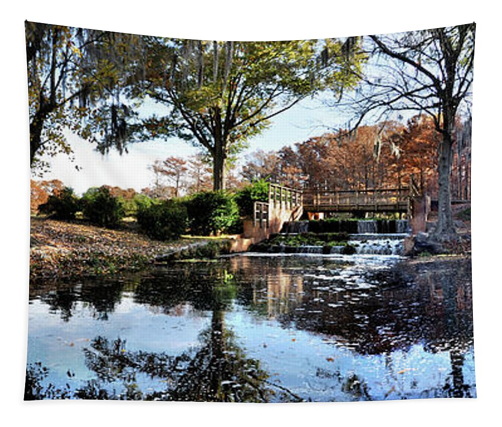 Greenfield Lake Tapestry featuring the photograph Panorama of Greenfield Lake Park, Wilmington, NC by WAZgriffin Digital
