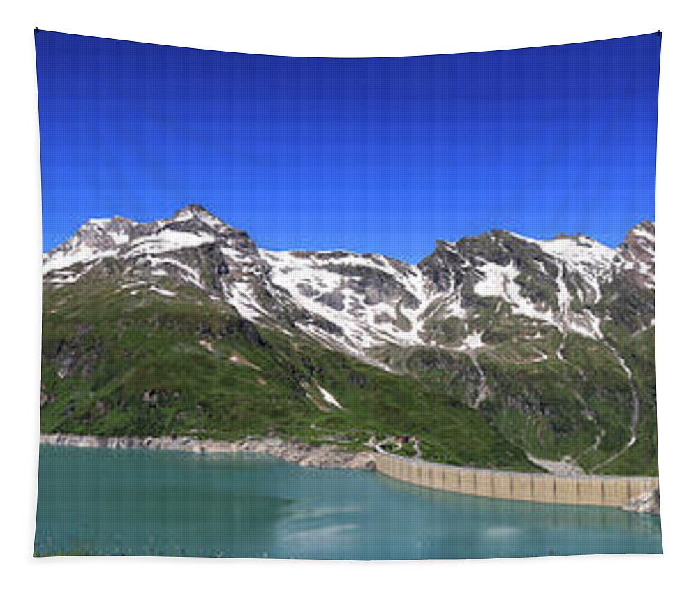 Vacation Tapestry featuring the photograph Panorama of Austrian dam Stausee Mooserboden by Vaclav Sonnek