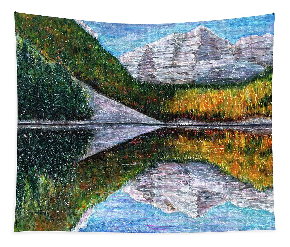 Olena Art Tapestry featuring the painting The Maroon Bells Peaks in the Rocky Mountains in Autumn by Lena Owens - OLena Art Vibrant Palette Knife and Graphic Design