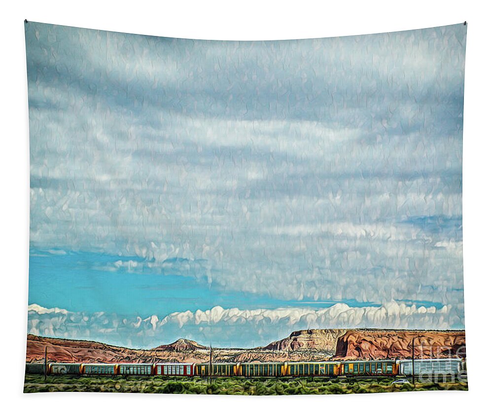 Ssouthwest Tapestry featuring the photograph Panoramic of Train on tracks in southwestern United States with by Susan Vineyard