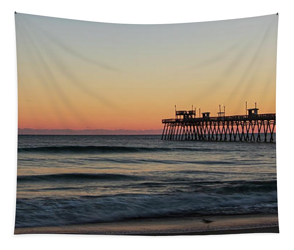 Bogue Inlet Tapestry featuring the photograph Panoramic Sunset at Bogue Inlet Pier Emerald Isle North Carolina by Bob Decker