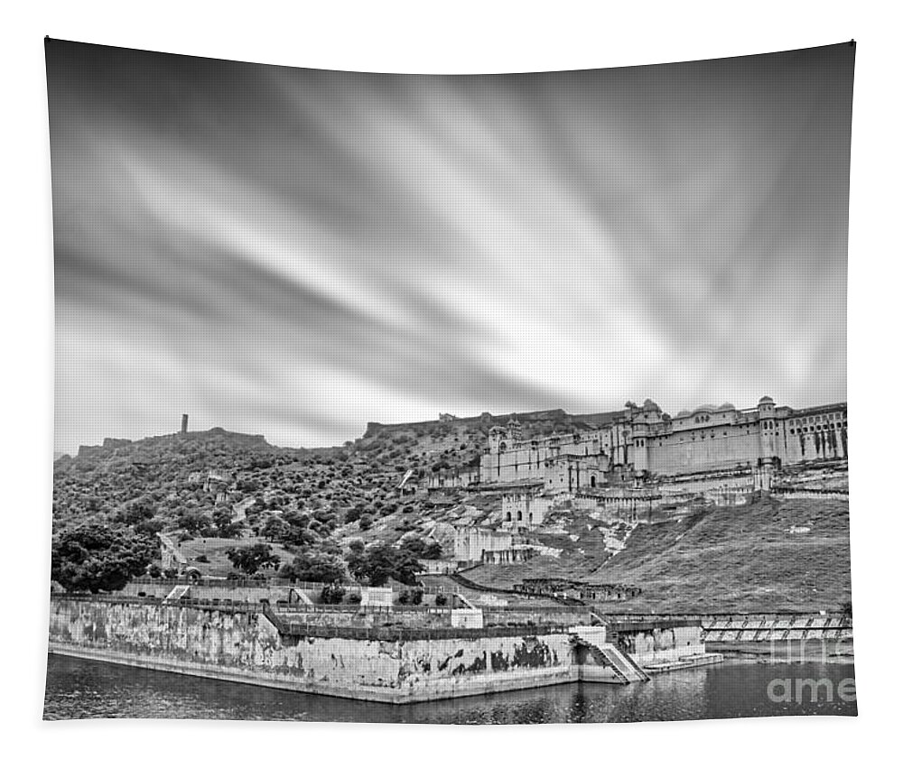 Amer Fort Tapestry featuring the photograph Panoramic view of Amer Fort - India Black and White by Stefano Senise