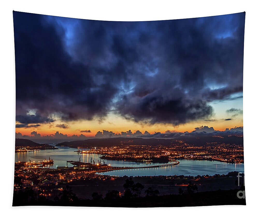 Port Tapestry featuring the photograph Panoramic View of Ferrol Estuary with Bridge and Shipyards Stormy Sky at Dusk La Corua Galicia by Pablo Avanzini