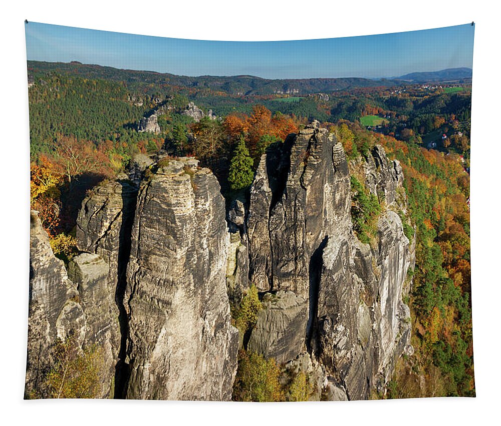 Saxon Switzerland Tapestry featuring the photograph Panoramic view of Neurathen Castle by Sun Travels