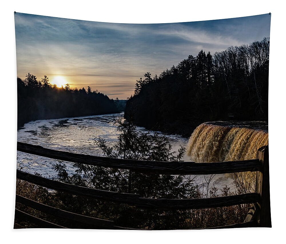  Tapestry featuring the photograph Panoramic view of sunrise over Tahquamenon Upper Falls by Eldon McGraw