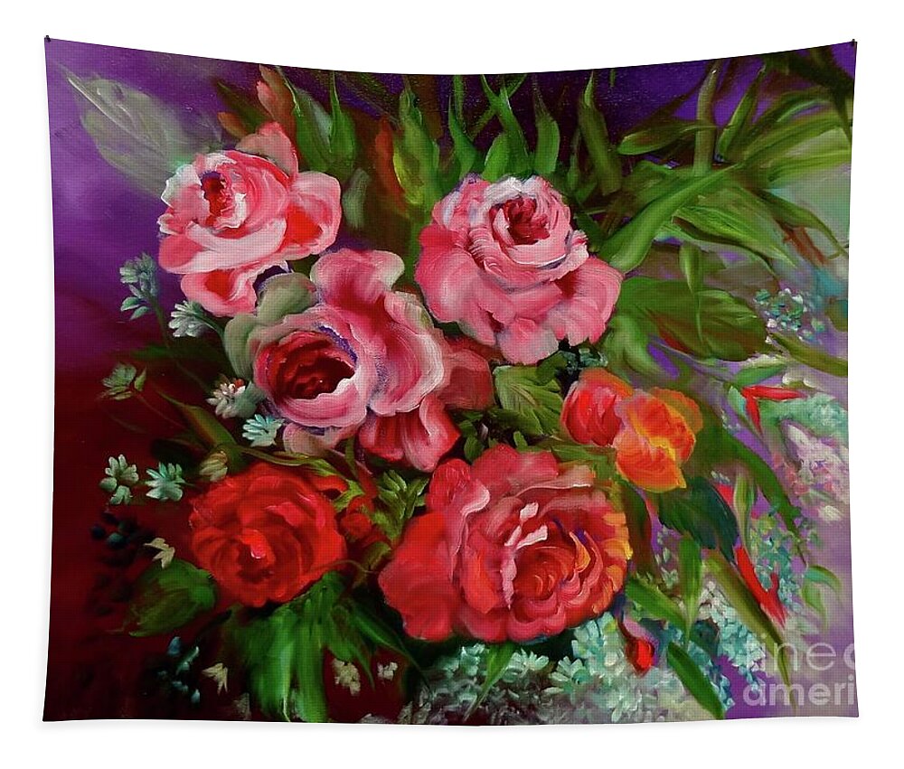 Pink Roses Tapestry featuring the painting Parade of Roses by Jenny Lee
