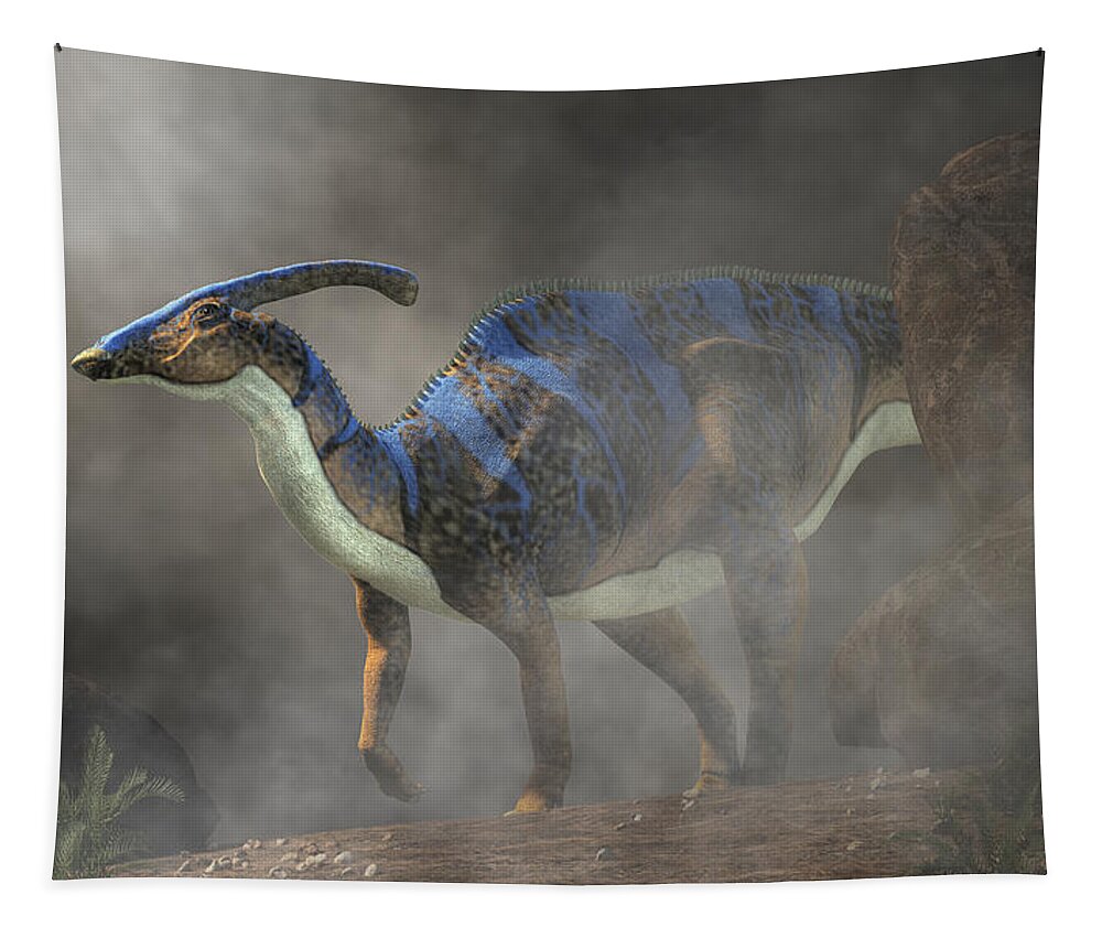 Parasaurolophus Tapestry featuring the digital art Parasaurolophus in Fog by Daniel Eskridge