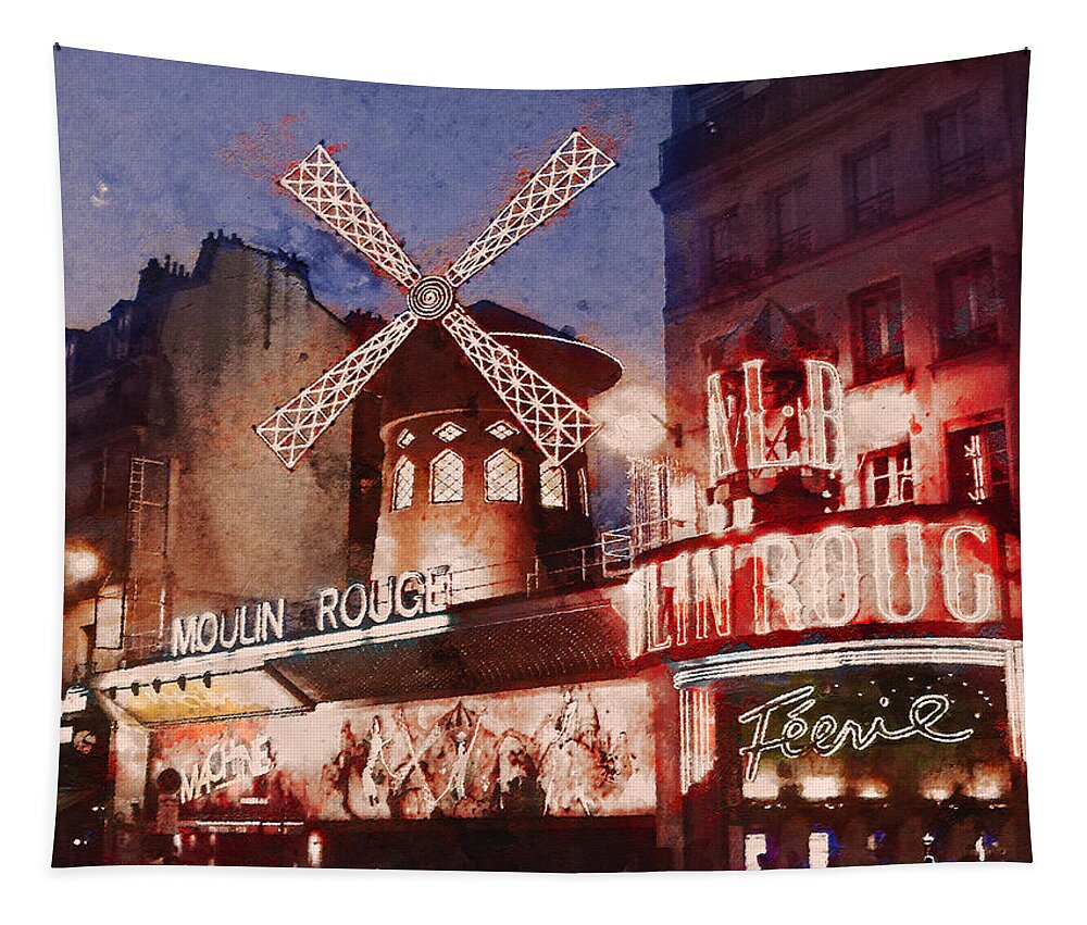 Moulin Rouge Tapestry featuring the painting Paris. Moulin Rouge. by Alex Mir