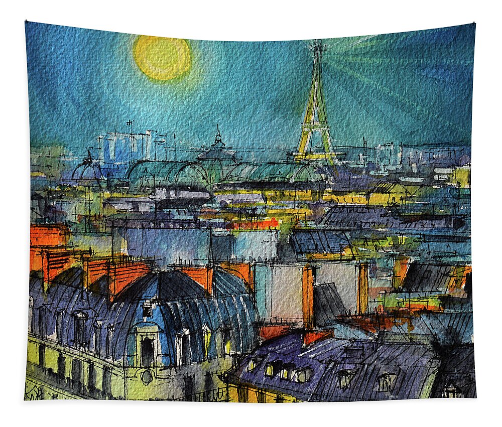 Paris Night Tapestry featuring the painting PARIS NIGHT watercolor painting Mona Edulesco by Mona Edulesco