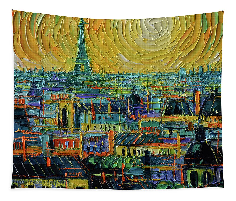 Paris Rooftops Under Golden Light Tapestry featuring the painting PARIS ROOFTOPS UNDER GOLDEN LIGHT stylized palette knife oil painting Mona Edulesco by Mona Edulesco
