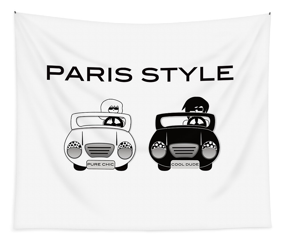 France Tapestry featuring the digital art Paris Style Travel Trip in a Sexy Cabriolet Classic Car by Barefoot Bodeez Art