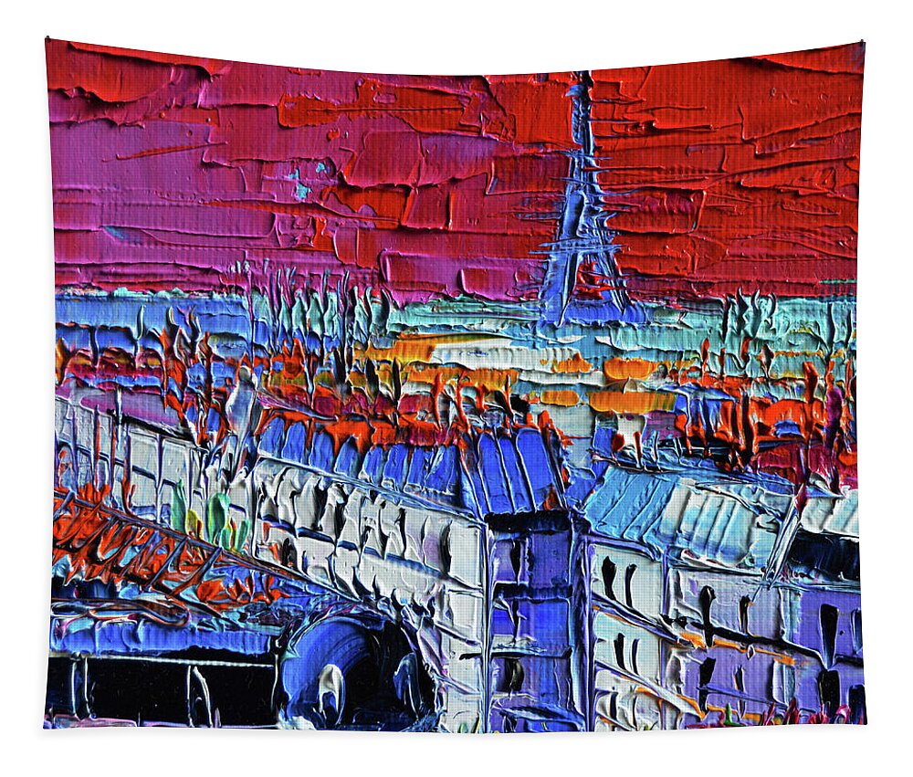 Paris Rooftops Tapestry featuring the painting PARIS VIEW - Printemps Rooftop Terrace by Mona Edulesco