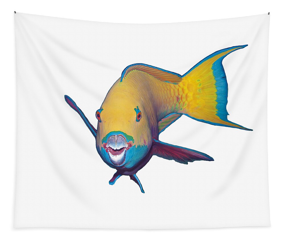 Heavybeak Parrotfish Tapestry featuring the mixed media Parrotfish - Eye catching make up on white background - by Ute Niemann