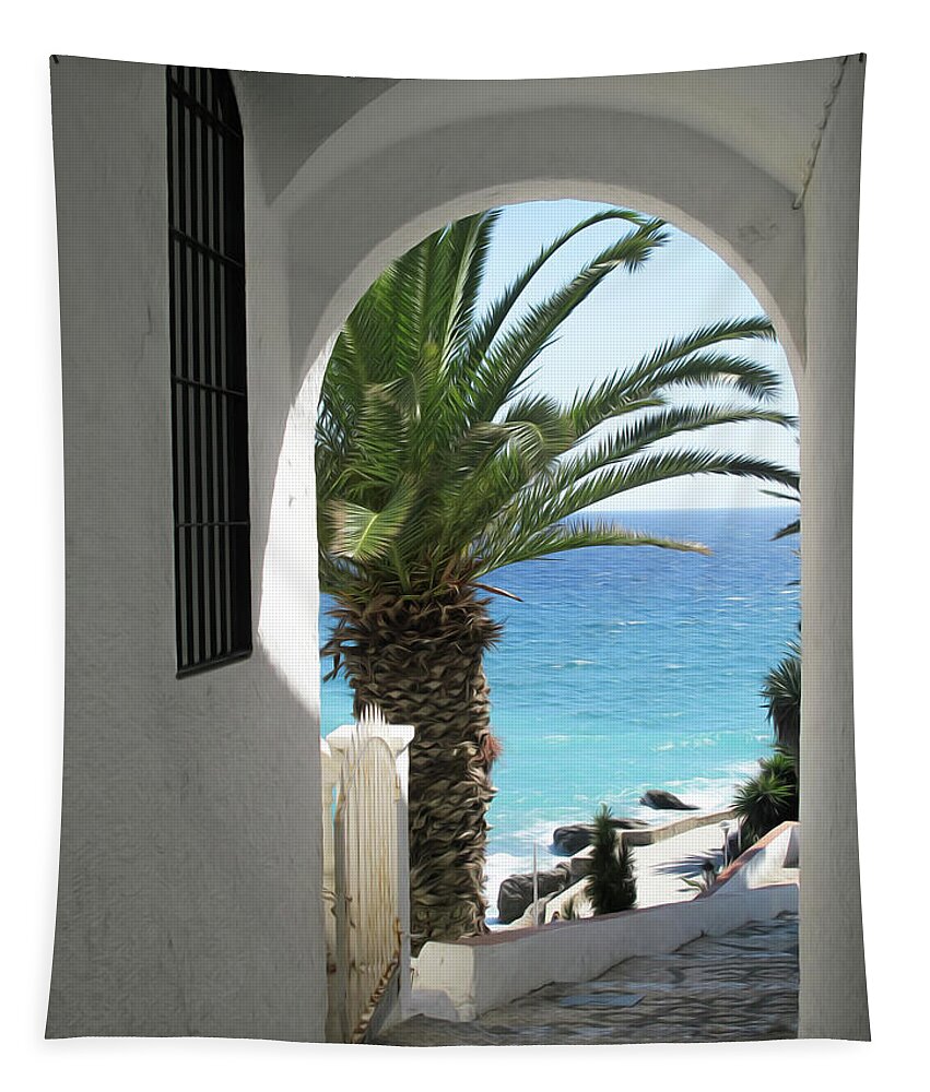 Spain Tapestry featuring the digital art Path to the beach in Nerja by Naomi Maya