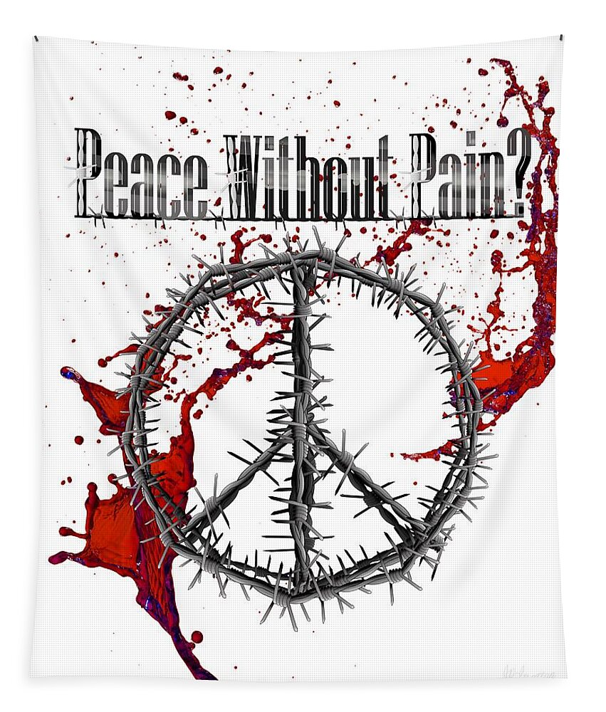 Peace Tapestry featuring the drawing PEACE without Pain - Barbed Wire Peace Symbol by Joan Stratton