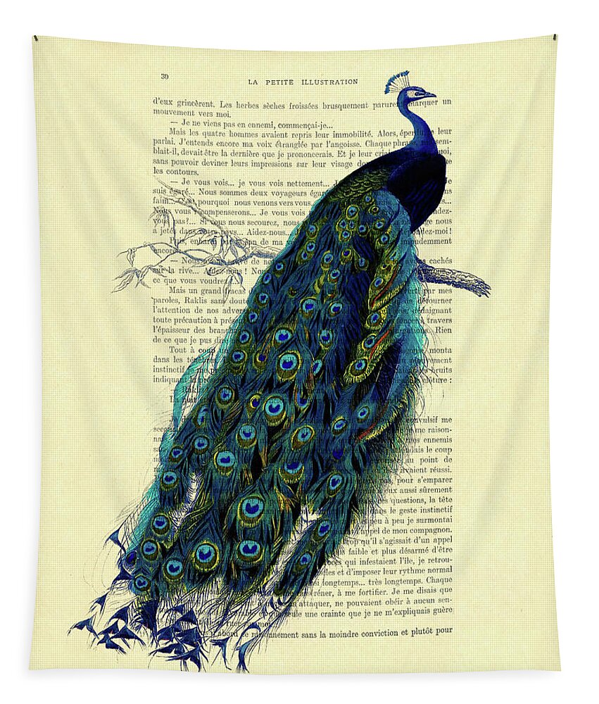 Peacock Tapestry featuring the mixed media Peacock on branch by Madame Memento