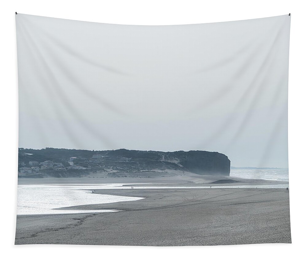 Pearly Mist Tapestry featuring the photograph Pearly Ocean Mists - Obidos Lagoon Entrance on Portugal Silver Coast by Georgia Mizuleva