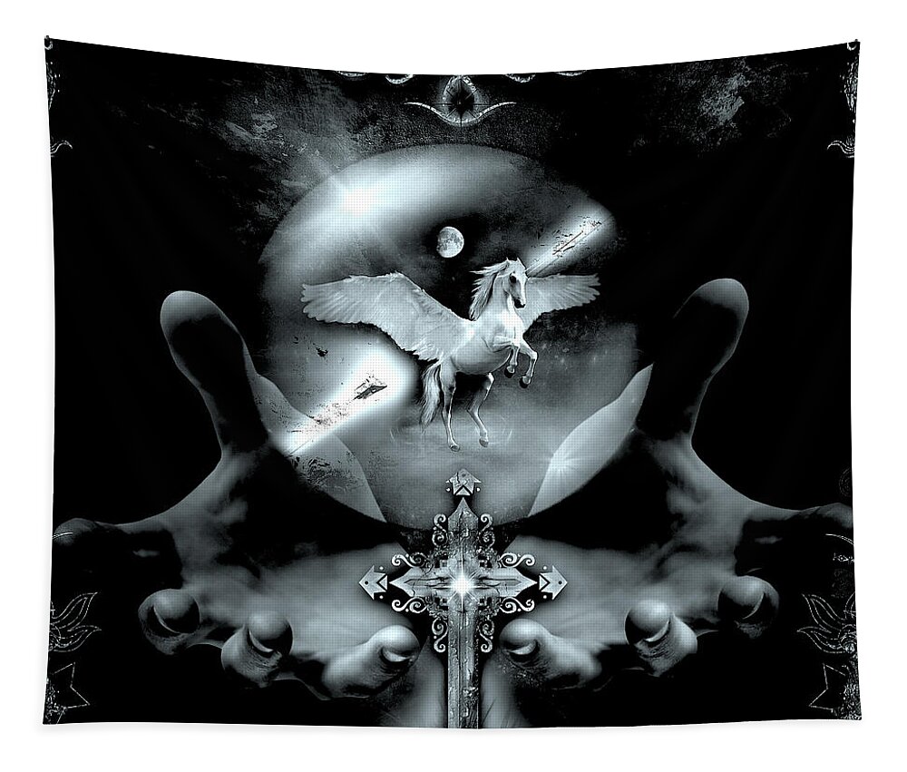 Pegasus Tapestry featuring the digital art Pegasus BW by Michael Damiani