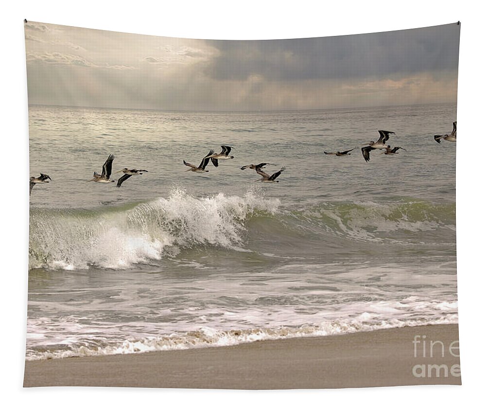 Brown Pelican Tapestry featuring the photograph Pelican Flight by Natural Focal Point Photography