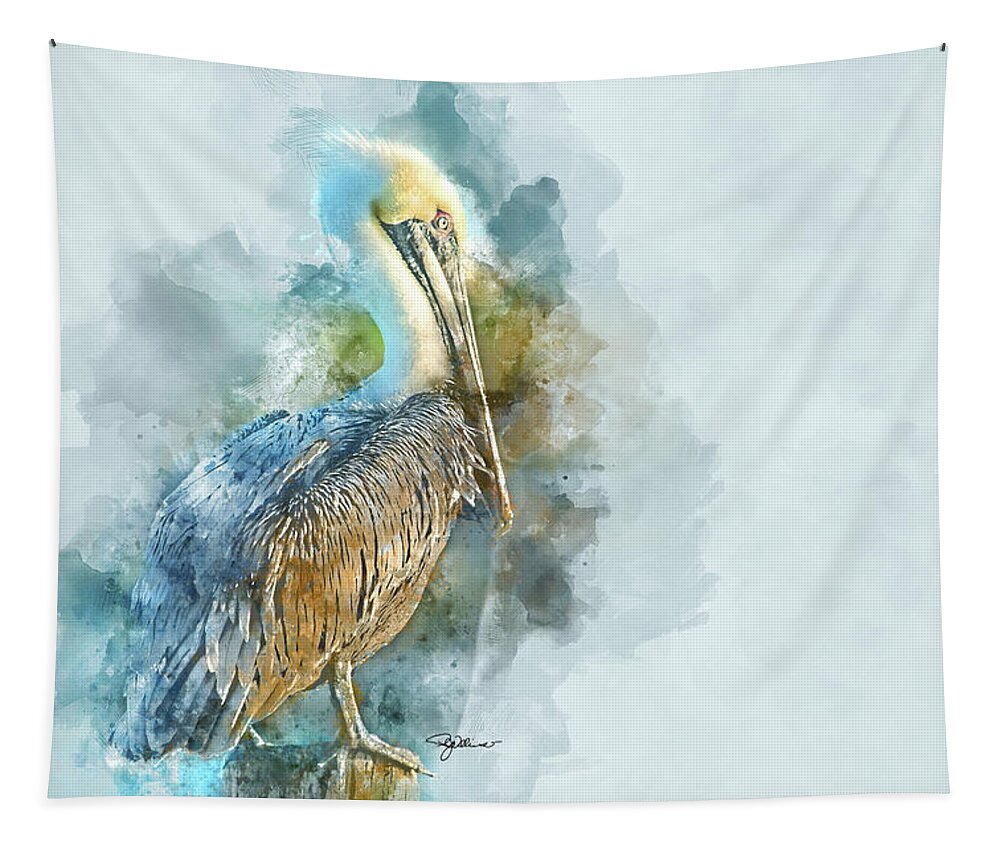 Pelican Tapestry featuring the mixed media Pelican Watercolor by Pamela Williams