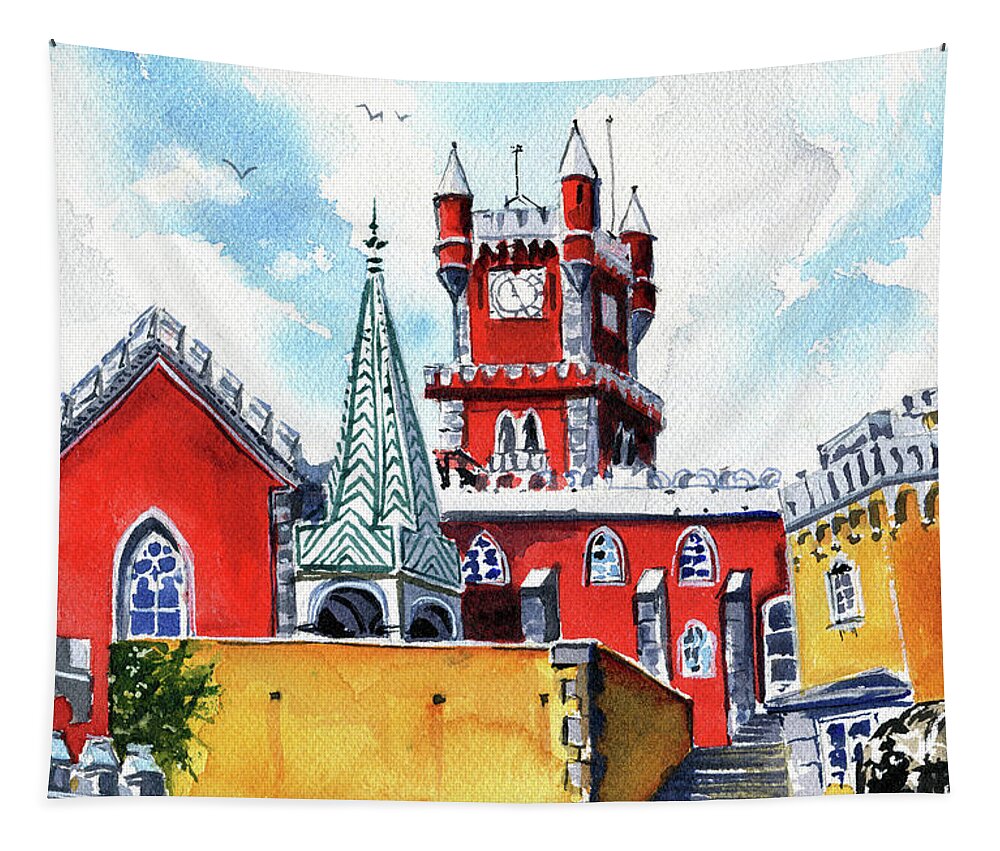 Lisboa Tapestry featuring the painting Pena Palace Portugal Painting by Dora Hathazi Mendes