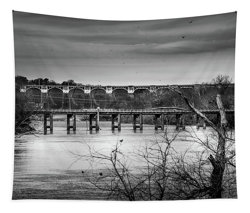 Pensacola Dam Tapestry featuring the photograph Pensacola Dam Black and White by David Wagenblatt