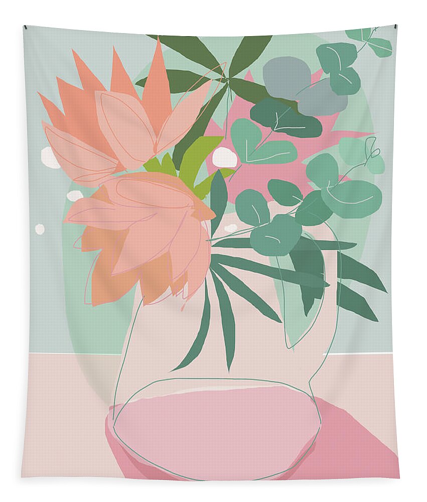 Peonies Tapestry featuring the drawing 0067-Peonies And Eucalyptus by Anke Classen