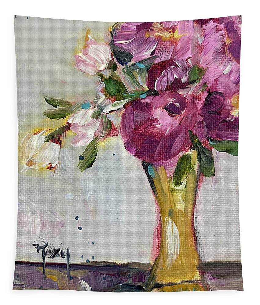 Peonies Tapestry featuring the painting Peonies in a Yellow Vase by Roxy Rich