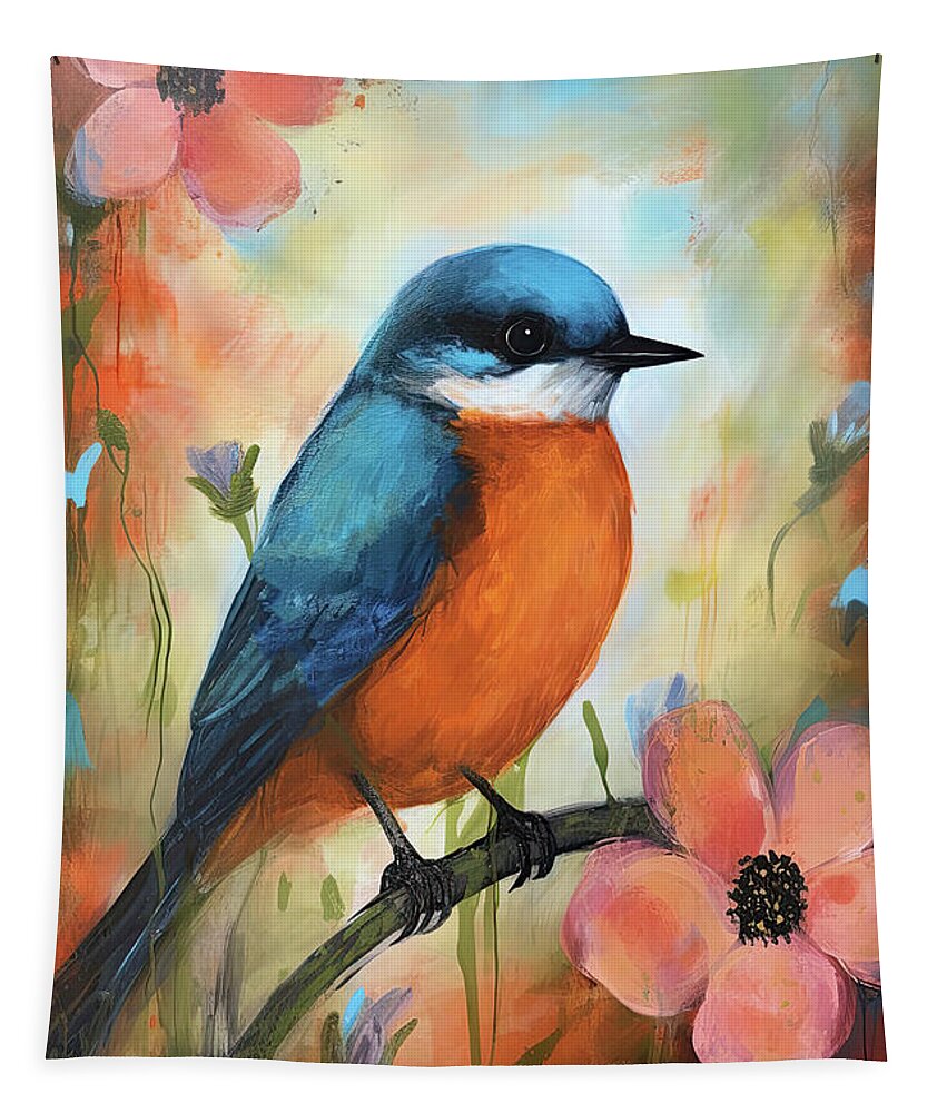 Bluebird Tapestry featuring the painting Perched On The Poppies by Tina LeCour