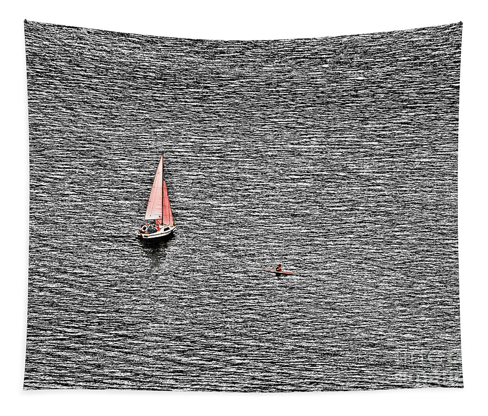 Perpendicular Way Italy Lake Orta Way Red Sail Sailing Boat Graphical Evocative Creative Contemporary Expressive Thoughtful Effective Phylosophical Conceptual Canoe Simplicity Minimalist Minimal Waves Wriggles Wrinkled Water Mono Selective Color Zigzag Dramatic Pleasant Delightful Landscape Scenery Mindfulness Artistic Serenity Inspirational Serene Tranquil Tranquillity Stylish Singular Powerful Sport Sepia Vivid Contrast Sentimental Solitary Lonely Lonesome Loner Single Style Delicate Gentle Tapestry featuring the photograph perpendicular WAY-RED SAILING BOAT canoe LAKE GRAPHICAL EVOCATIVE CREATIVE EXPRESSIVE THOUGHTFUL by Tatiana Bogracheva