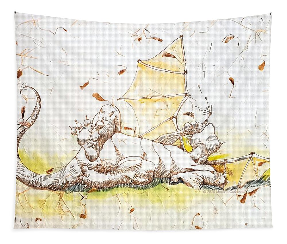 Watercolor Tapestry featuring the drawing Petal Playing Dragon by Merana Cadorette